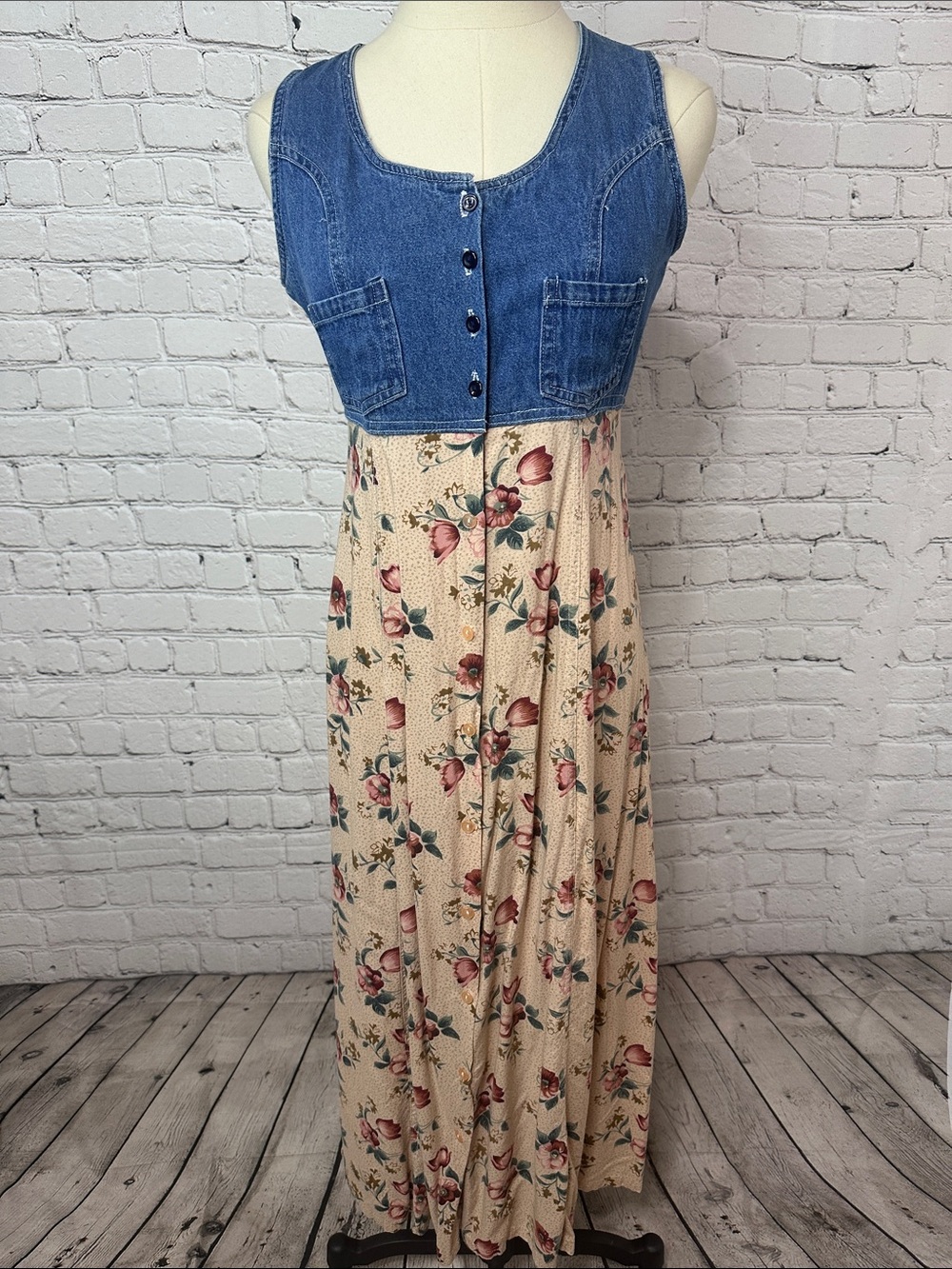 Vintage Cherry Stix Denim Look Floral Midi Dress Tie Back Medium Cottagecore 90s